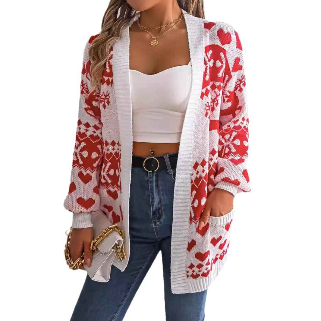 Women's Christmas Deer Cardigan – Oversized Knit Sweater with Pockets for Winter