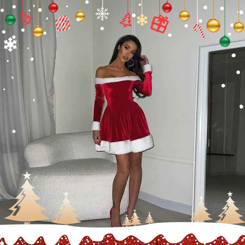Women's Santa Costume Dress – Off-Shoulder Christmas Party Dress with Plush Trim