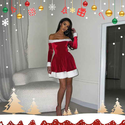 Women's Santa Costume Dress – Off-Shoulder Christmas Party Dress with Plush Trim