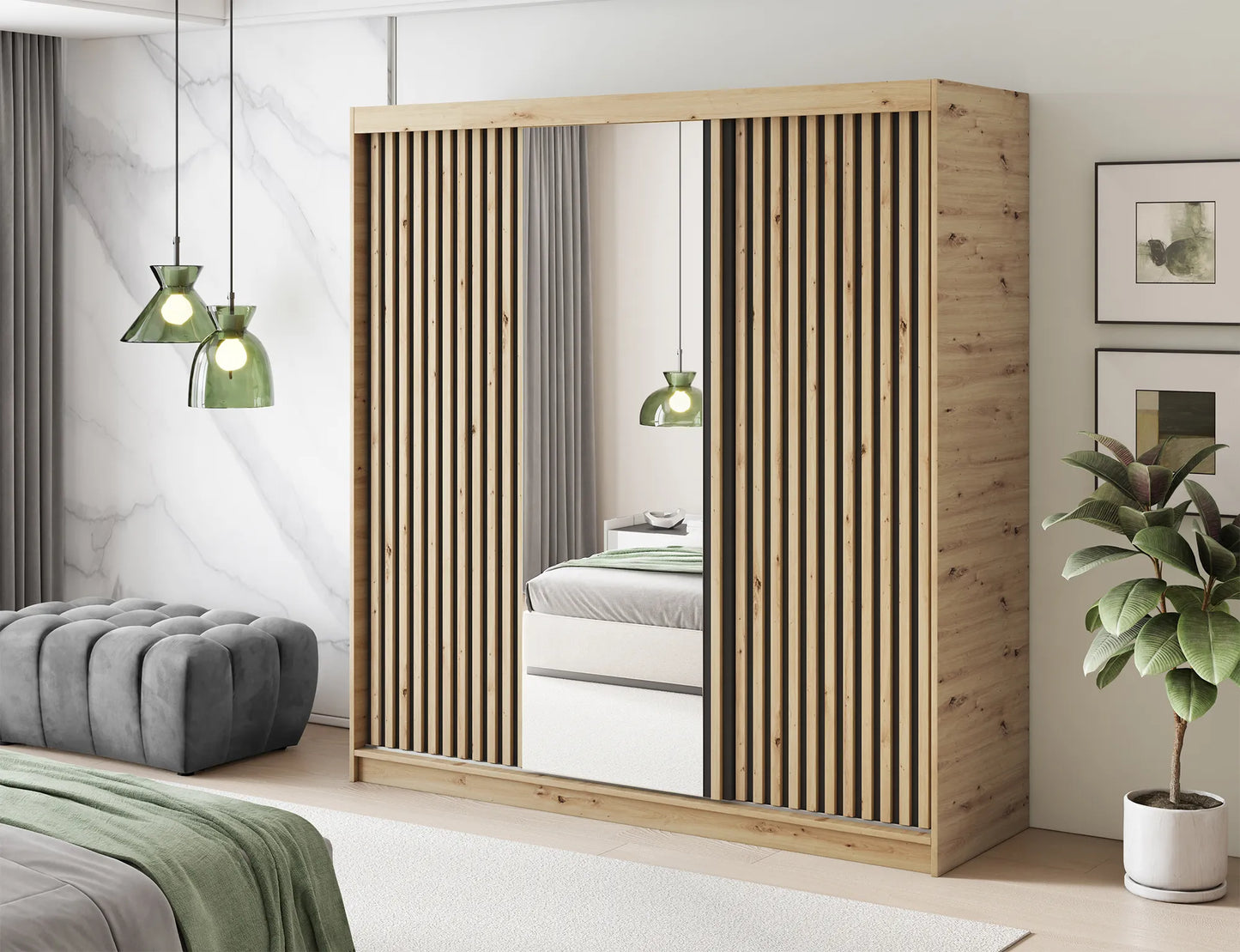 Emerio Mirrored 3 Sliding Door Freestanding Wardrobe - Maple Oak