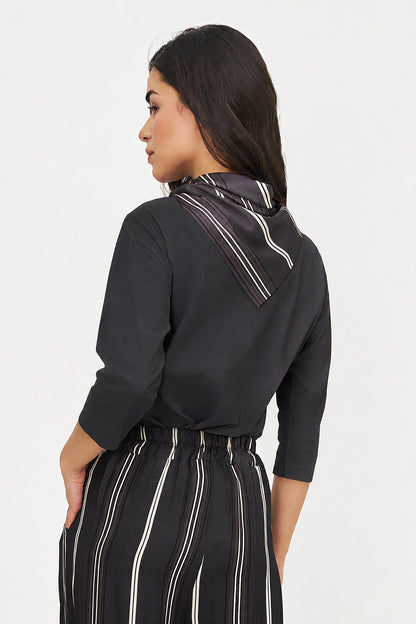 Women's Crew-Neck Top, 3/4 Sleeves & Removable Printed Satin Scarf