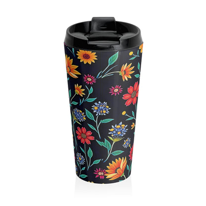 Colorful Floral Pattern Stainless Steel Travel Mug | Black Background - AURABAGS SHOP