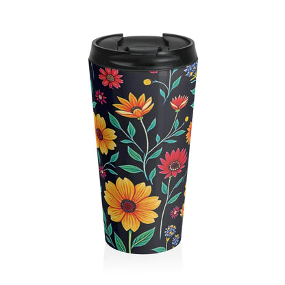 Colorful Floral Pattern Stainless Steel Travel Mug | Black Background - AURABAGS SHOP