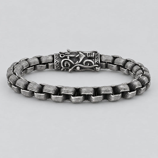 Men's Viking Steel Bracelet. Oxidized Silver Box Chain Norse Clasp Biker Jewelry