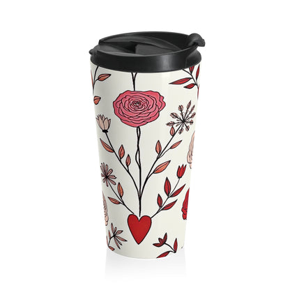Hand-Drawn Red Heart Floral Stainless Steel Travel Mug | Valentine Pattern - AURABAGS SHOP