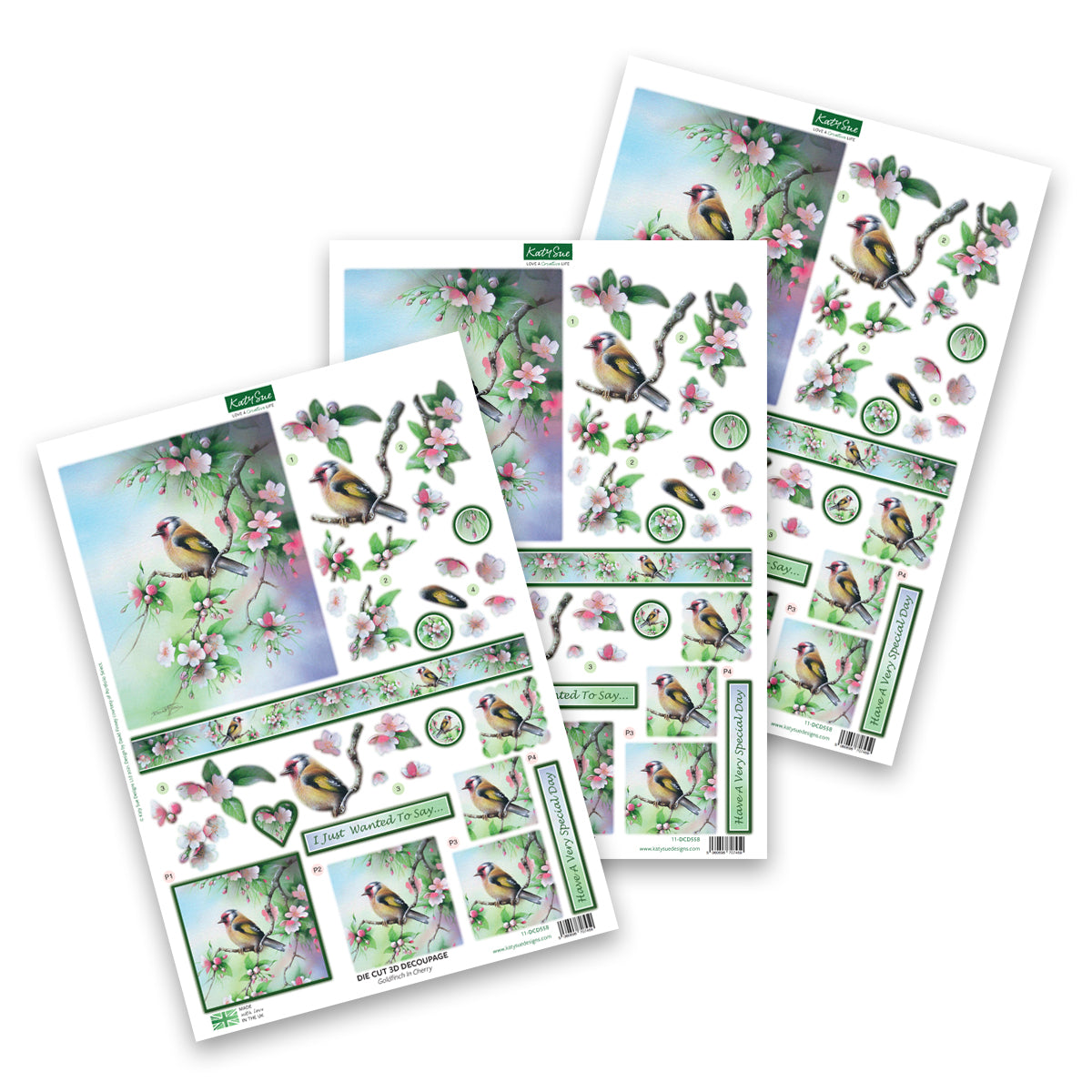 Die Cut Decoupage – Goldfinch In Cherry  (Pack Of 3)