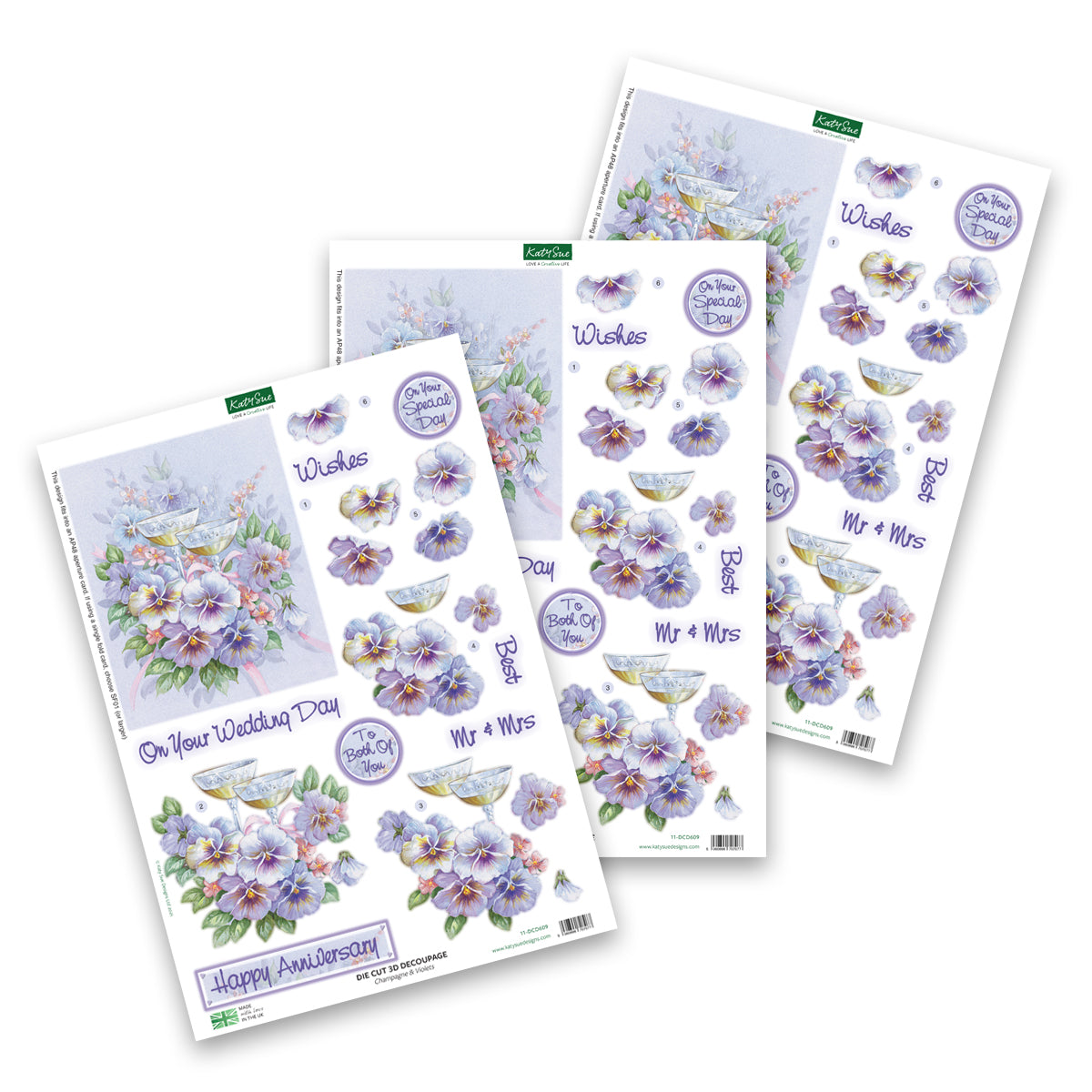 Die Cut Decoupage – Champagne And Violets (Pack Of 3)