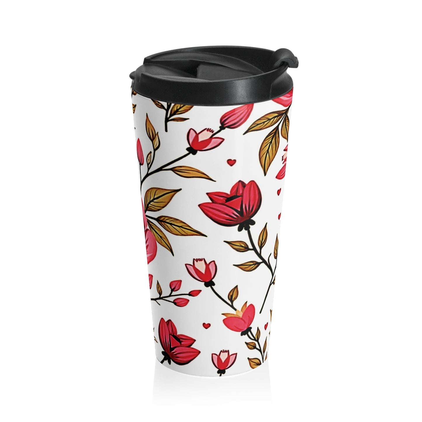 Red Rose Floral Pattern Travel Mug | Stainless Steel Tumbler - AURABAGS SHOP