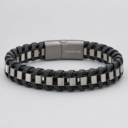 Men's Matte Black Braided Leather & Stainless Steel Box Link Biker Bracelet