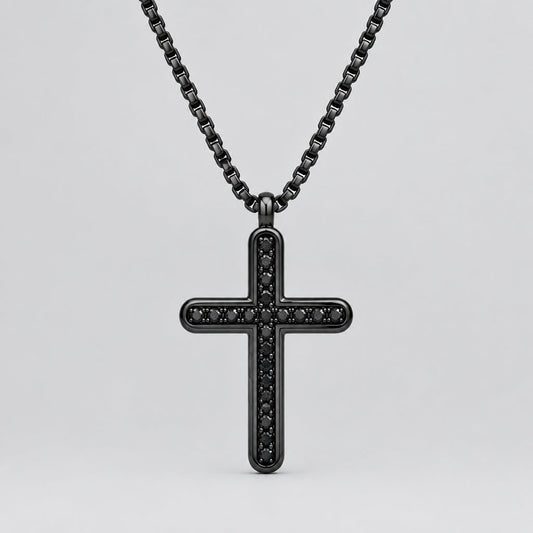 Men’s Black Stainless Steel Cross Pendant. Biker Necklace with Black CZ Accents