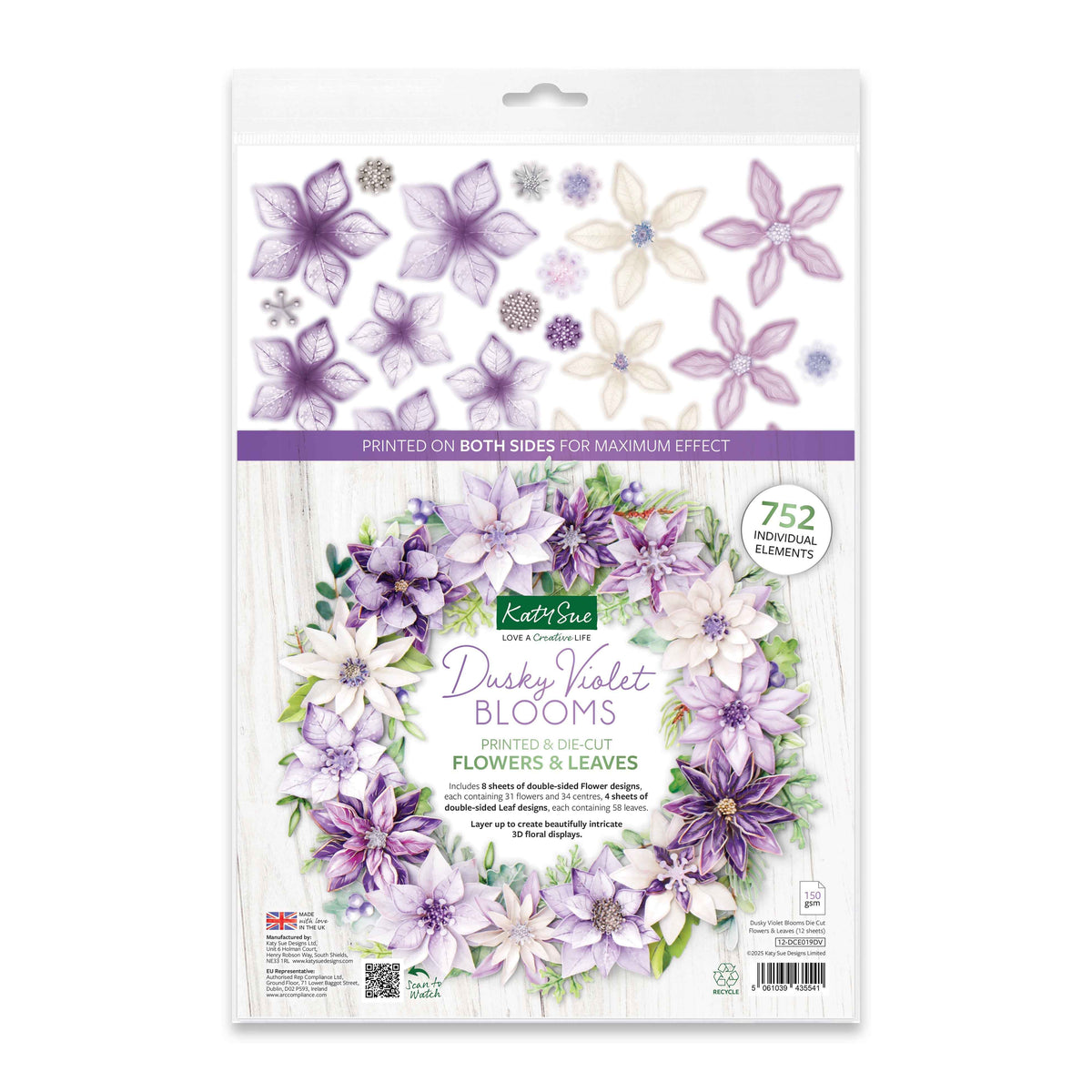 Dusky Violet Blooms, Die Cut Flowers & Leaves, 12 sheets