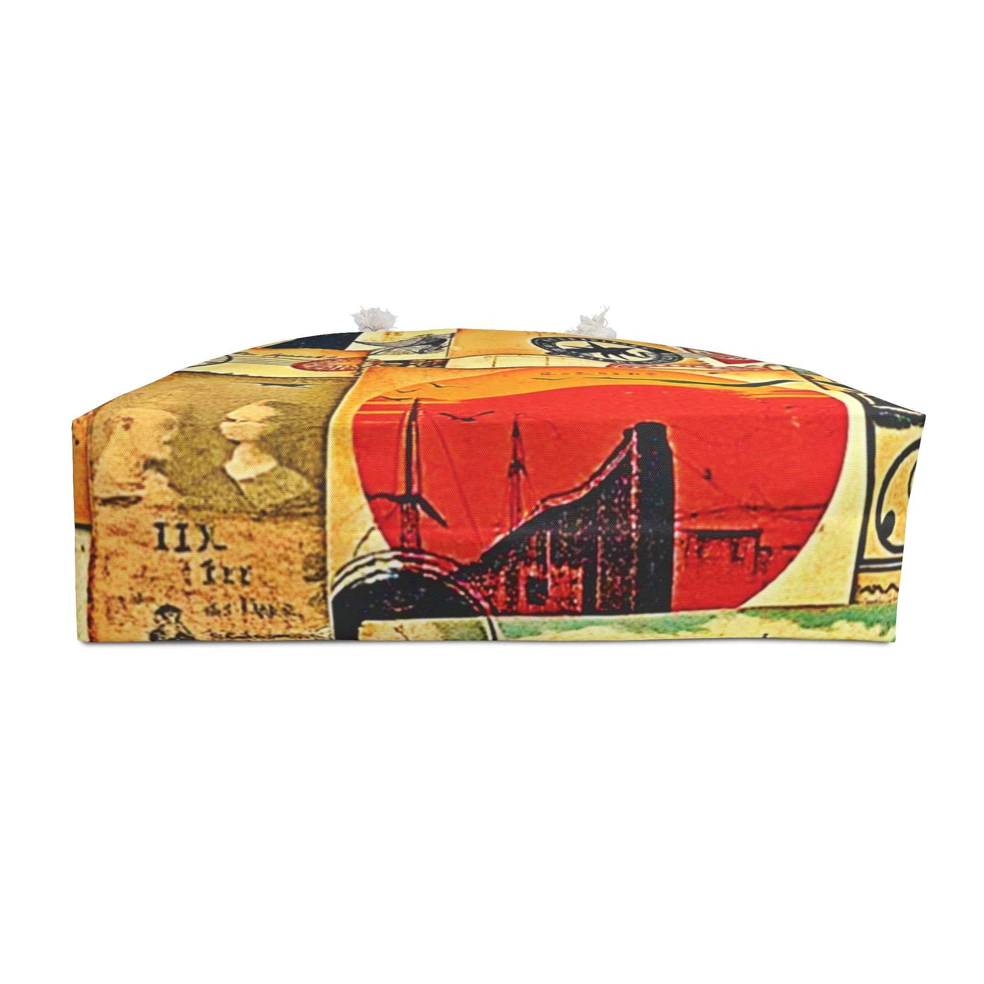 Vintage Travel Collage Weekender Bag | Postage Stamps, Airplane Motifs, Large Tote Bag