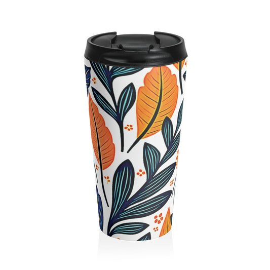 Autumn Foliage Floral Travel Mug | Orange Blue Leaf Pattern - AURABAGS SHOP