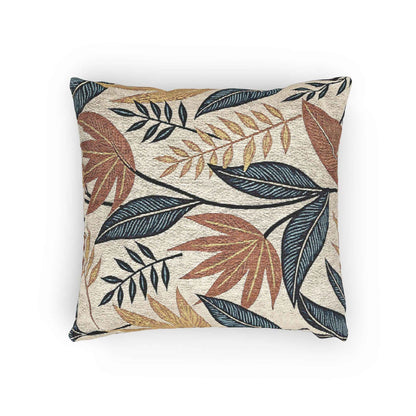 Tropical Leaf Pattern Woven Pillow | Botanical Throw Pillow, Neutral Blue Rust Design