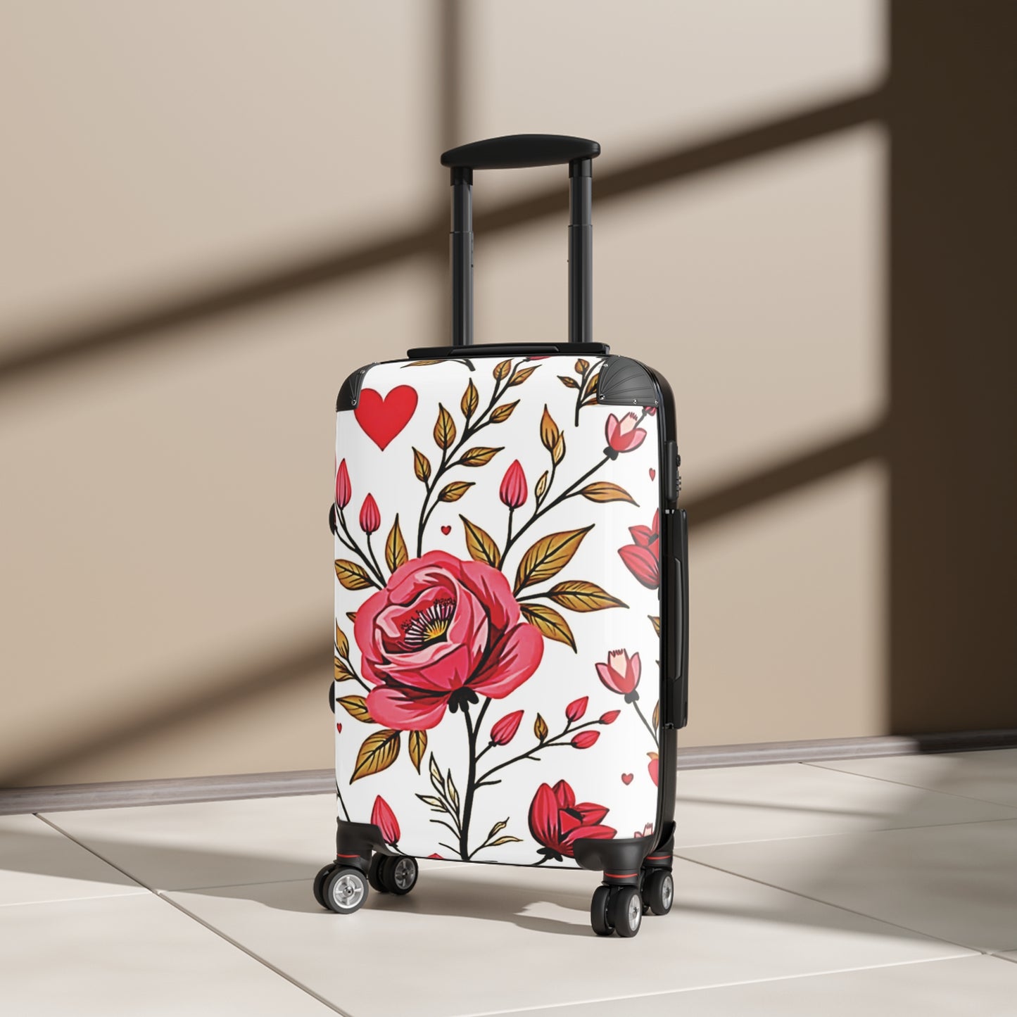 Floral Heart Carry-On Suitcase — Pink Rose Pattern Travel Luggage