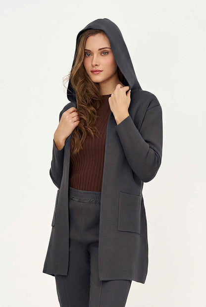 Women's Hooded Cardigan, Long Sleeves, Patch Pockets & Removable Belt