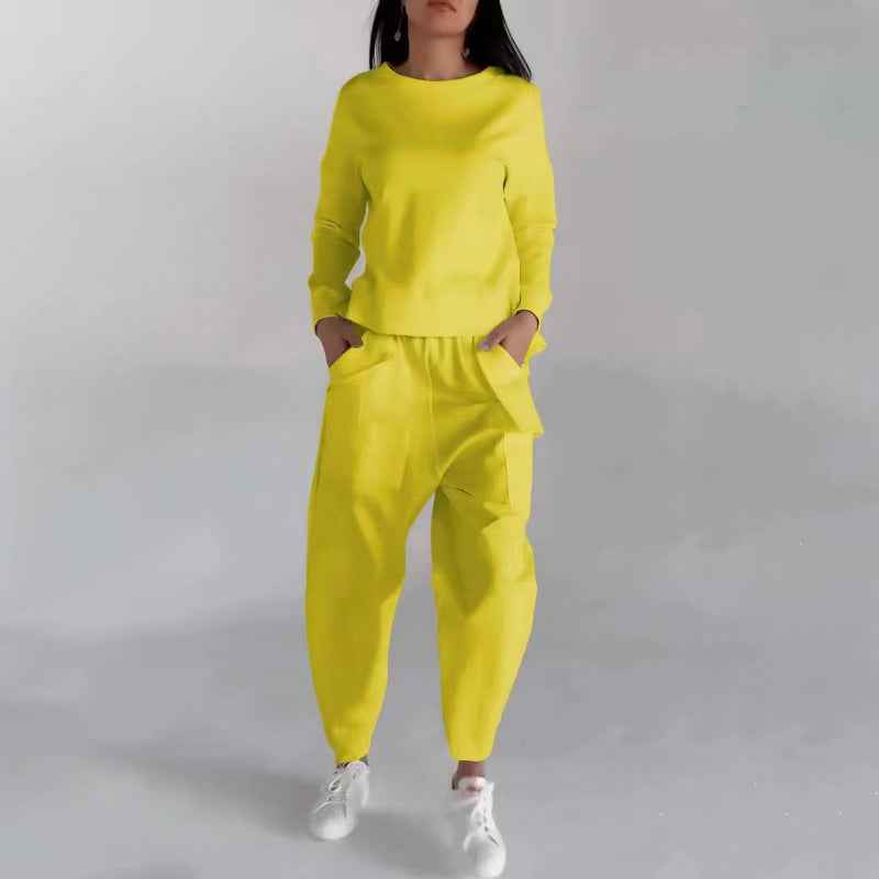 Fashion Women's Lounge Set – Solid Color Pullover Top and Wide Leg Trousers