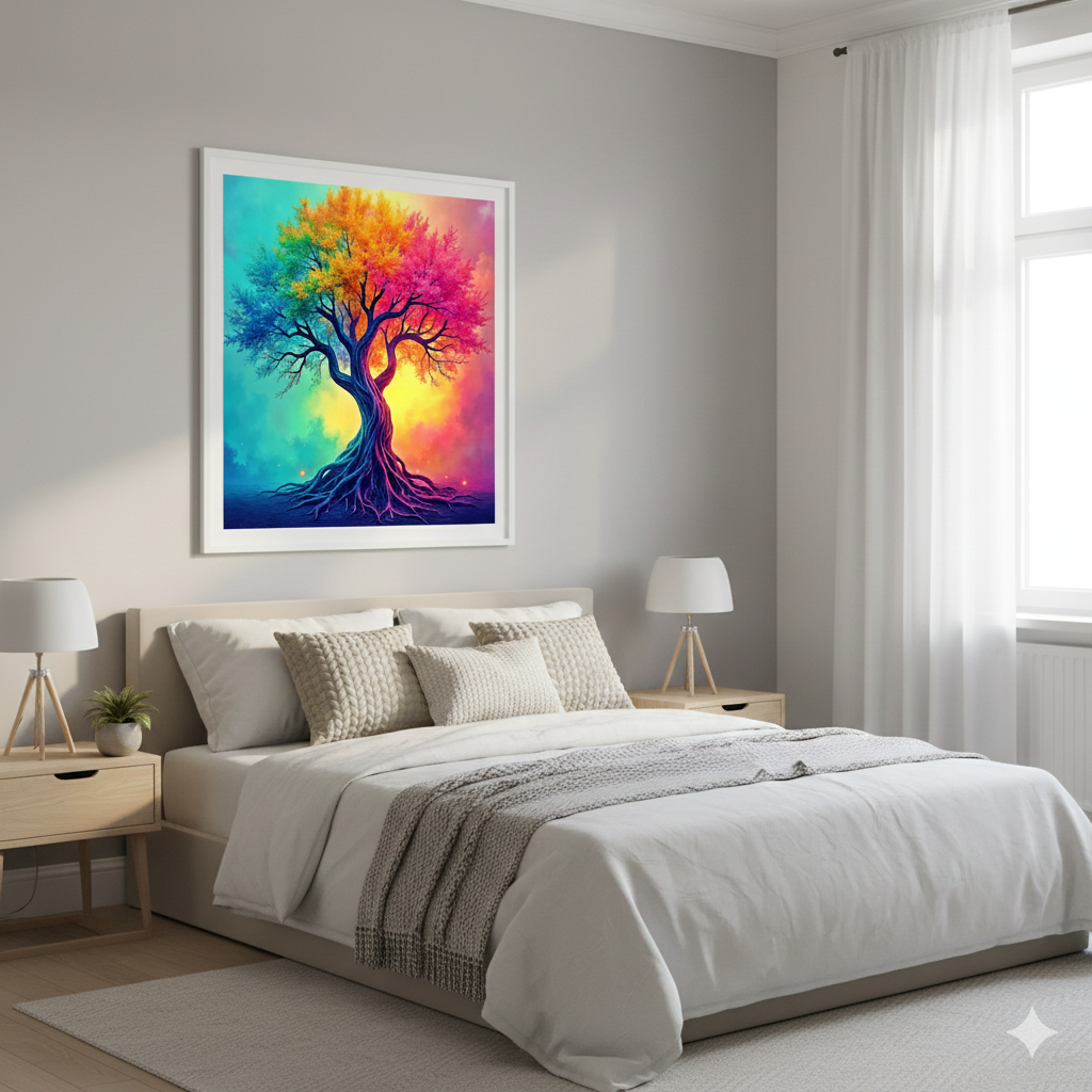 Vibrant Rainbow Tree of Life Digital Art Print – Surreal Nature Wall Decor - AURABAGS SHOP