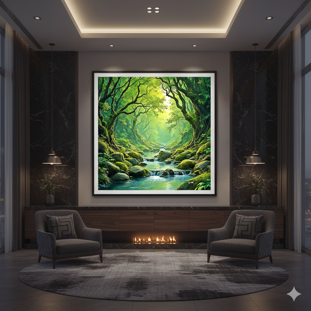 Enchanted Mossy Forest River – Ethereal Woodland Landscape Digital Art - AURABAGS SHOP