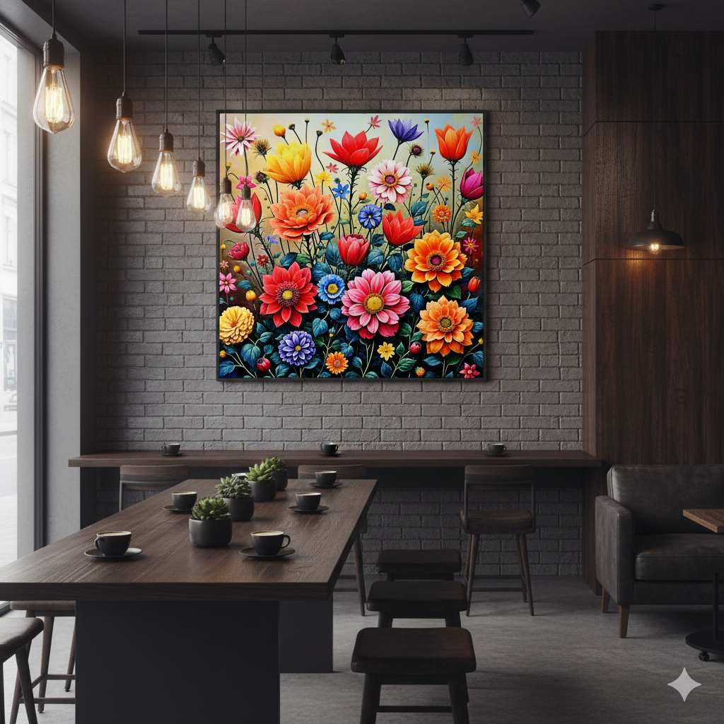Vibrant Mid-Century Modern Wildflower Meadow Digital Art - 8192px Square - AURABAGS SHOP