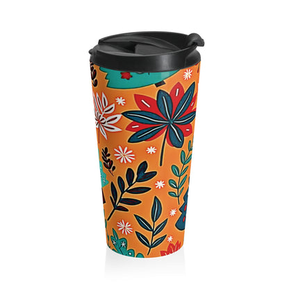 Autumn Floral Leaves Travel Mug | Orange Botanical Stainless Steel - AURABAGS SHOP
