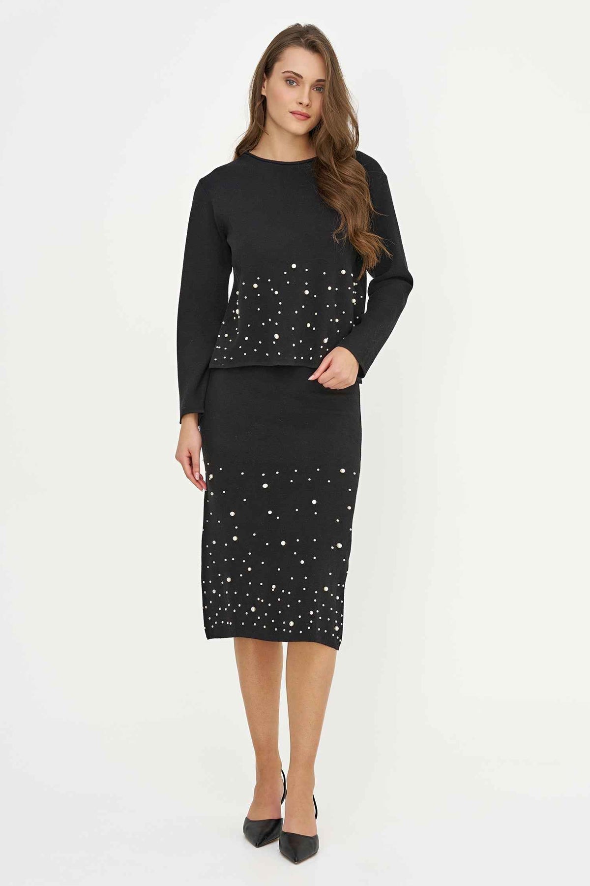 Women's Knit Pull-On Straight Skirt with Pearl Details
