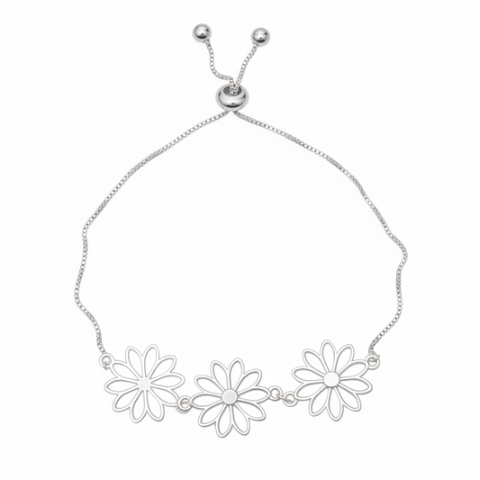 Adjustable Triple Flower Bracelet In Silver Plate