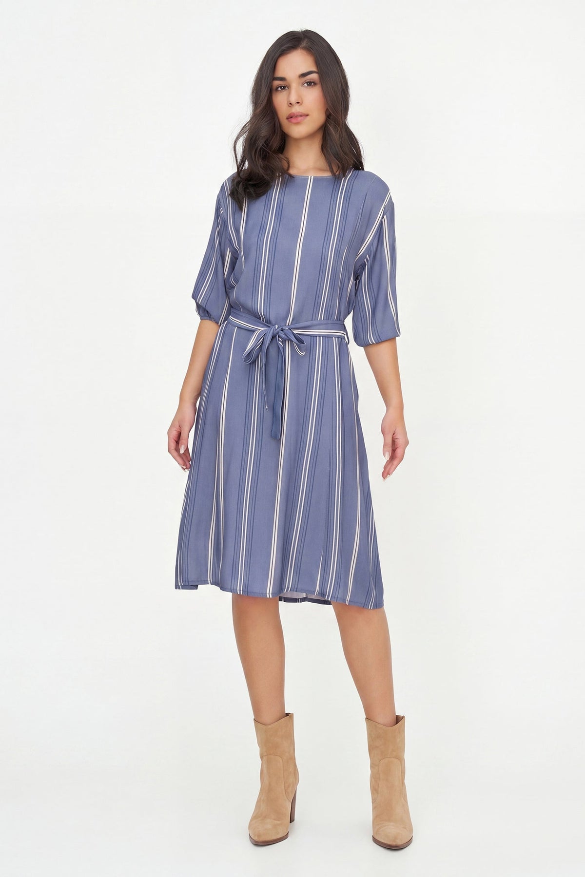 Women's Printed Crew-Neck Dress, Long Sleeves, Belt & Side Pockets