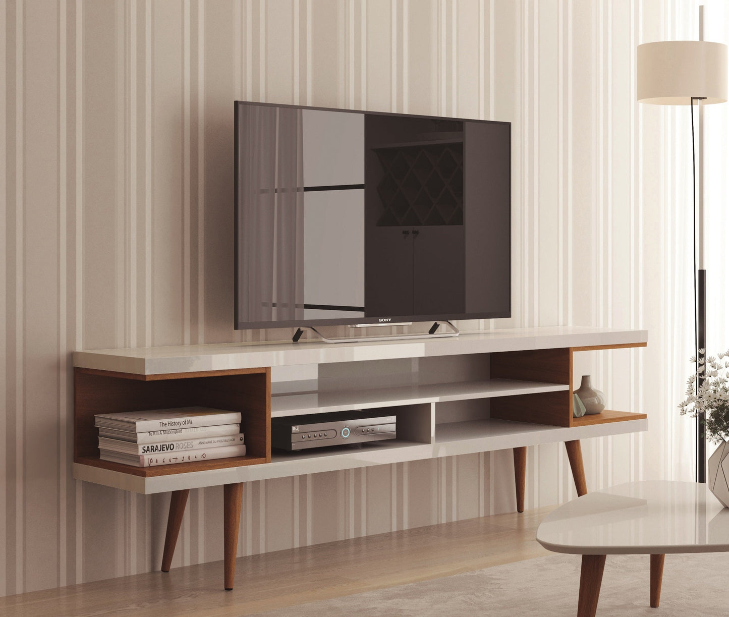 Eureka Modern 70.47" TV Stand with 4 Shelves - White Gloss/Maple Cream