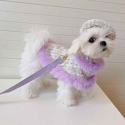 Lilac Harness and Leash Set | Plaid Dog Harness Hat Set