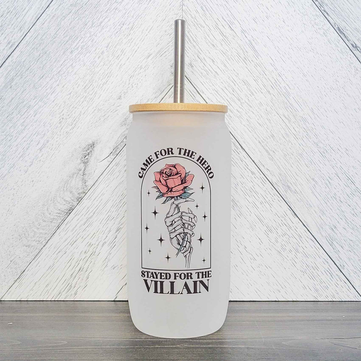 Came For The Hero, Stayed For The Villain Glass Can with Bamboo Lid