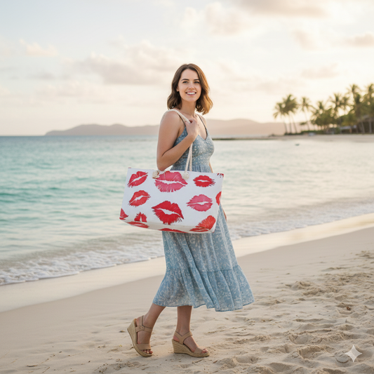 Red Lipstick Kiss Pattern Weekender Bag | Lip Print Travel Tote | Large Tote Bag - AURABAGS SHOP