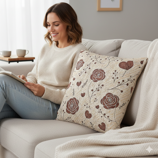 Vintage Rose Pattern Woven Pillow | Floral Hearts Boho Home Decor - AURABAGS SHOP
