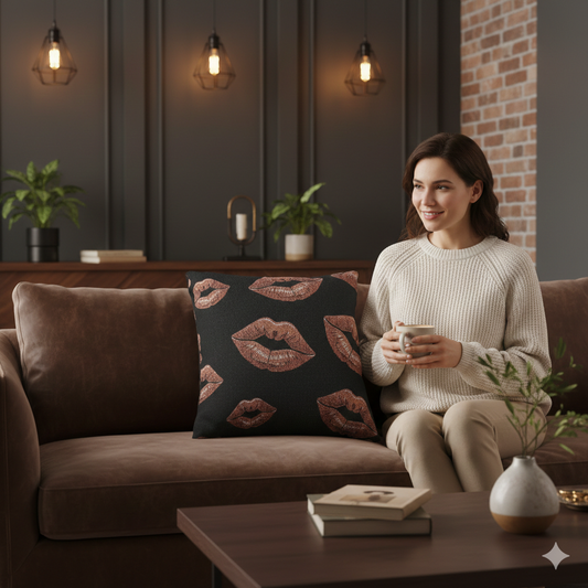 Rose Gold Lip Print Woven Pillow | Black Background, Decorative Throw Pillow - AURABAGS SHOP