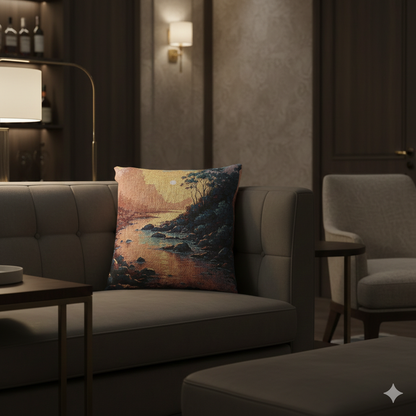 Sunset Cove woven pillow | coastal landscape tapestry throw pillow - AURABAGS SHOP