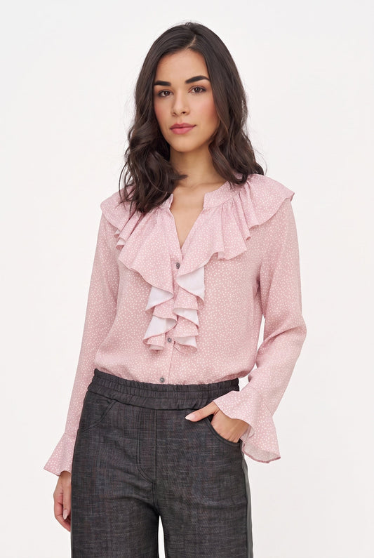 Women's Printed Button-Down Shirt with Ruffled Front, Collar & Cuffs