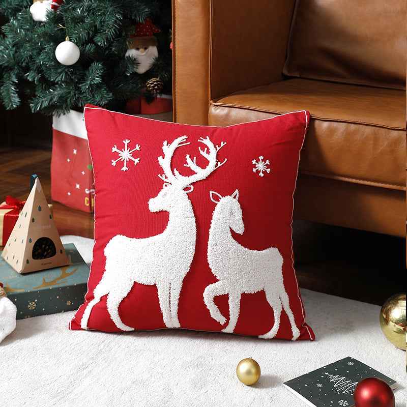 Holiday Reindeer Throw Pillow Cover – Cartoon Elk Embroidered Cushion Case for Sofa & Home