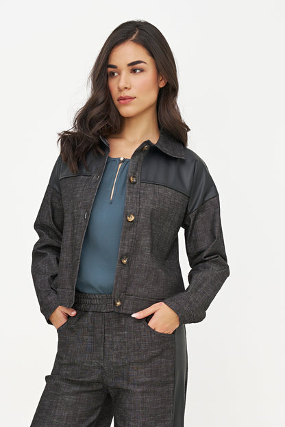 Women's Button-Down Denim Jacket with Faux Leather Yoke Trim