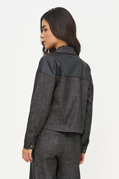 Women's Button-Down Denim Jacket with Faux Leather Yoke Trim