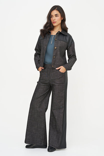 Women's Button-Down Denim Jacket with Faux Leather Yoke Trim