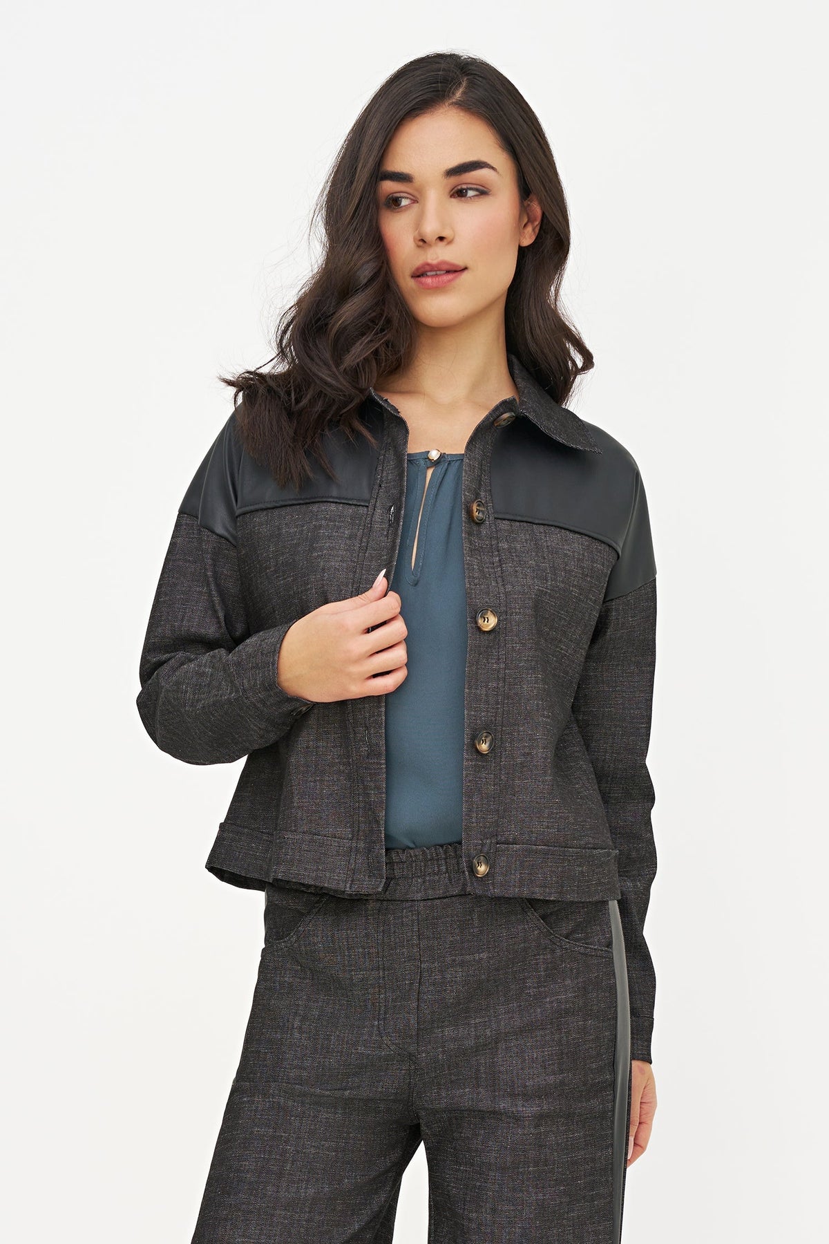 Women's Button-Down Denim Jacket with Faux Leather Yoke Trim
