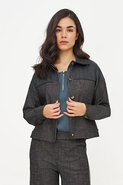 Women's Button-Down Denim Jacket with Faux Leather Yoke Trim