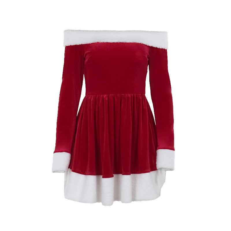 Women's Santa Costume Dress – Off-Shoulder Christmas Party Dress with Plush Trim