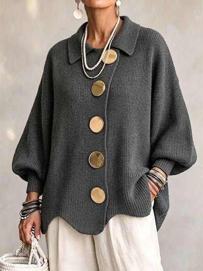Women's button-down knit cardigan in dark grey with gold buttons