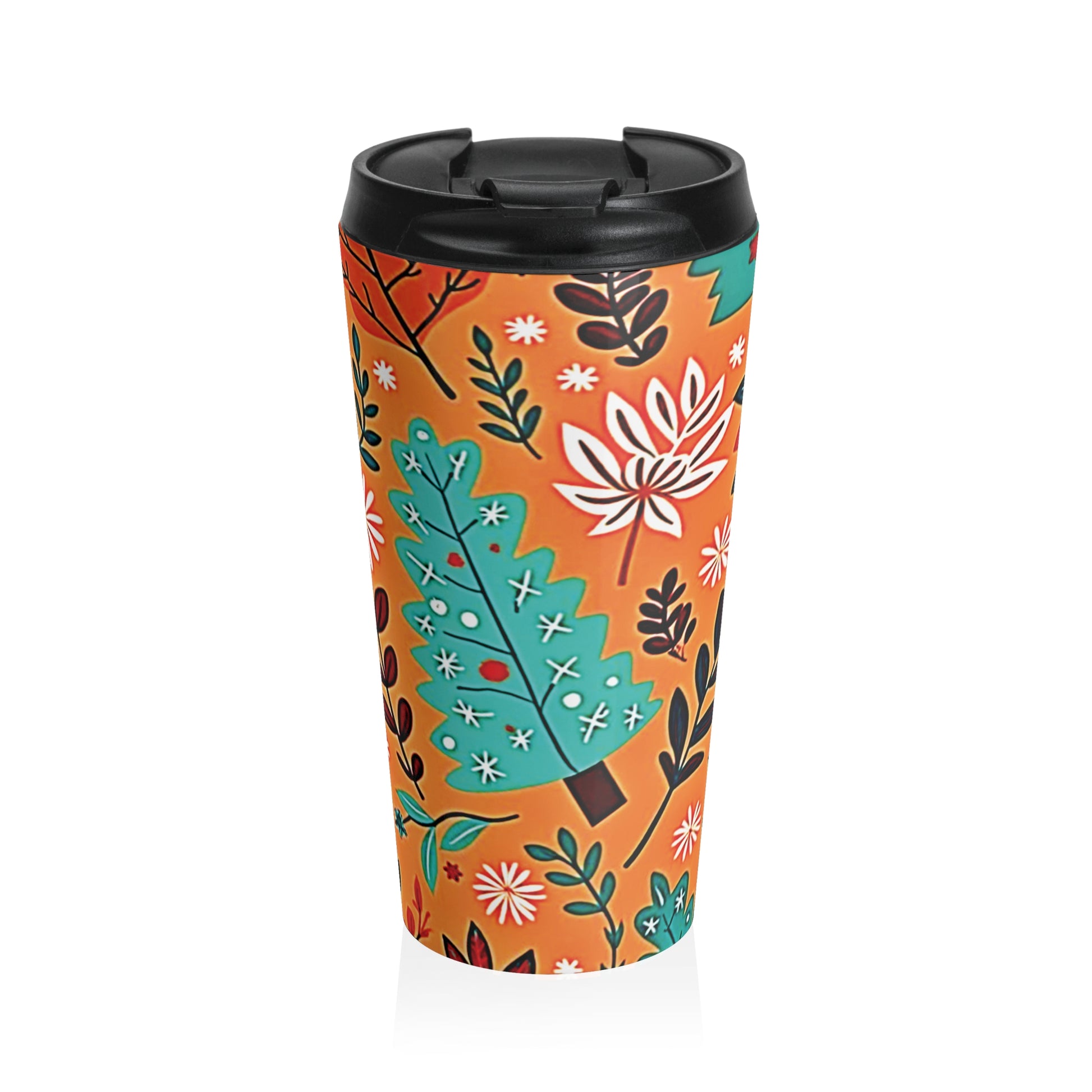 Autumn Floral Leaves Travel Mug | Orange Botanical Stainless Steel - AURABAGS SHOP