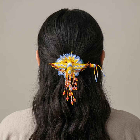 Maple Blossom Hummingbird Beaded Hair Stick Barrette Yellow