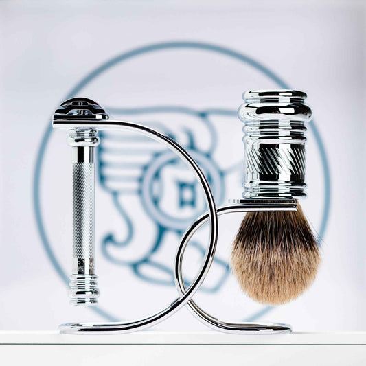 Merkur Shaving Set with MK-38001 Razor, Silver Tip Badger Brush and Curved 3-piece Stand, Chrome