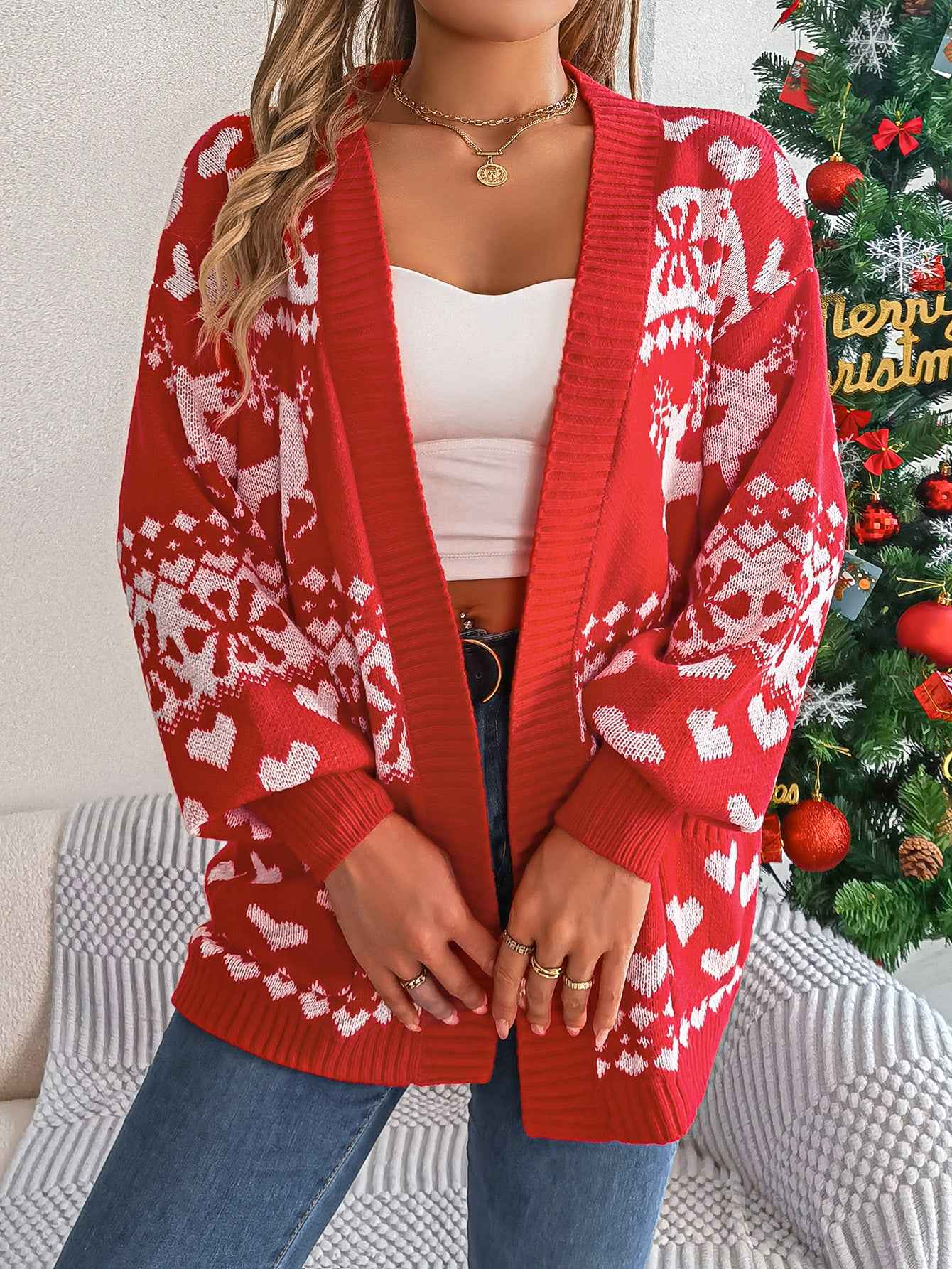 Women's Christmas Deer Cardigan – Oversized Knit Sweater with Pockets for Winter