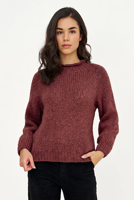 Women's Knit Sweater with Long Raglan Sleeves & Rolled Mock Neck