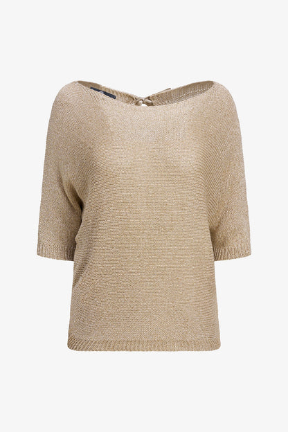 Women's Lurex Knit Boat-Neck Sweater, 3/4 Sleeves & Satin Back Bow